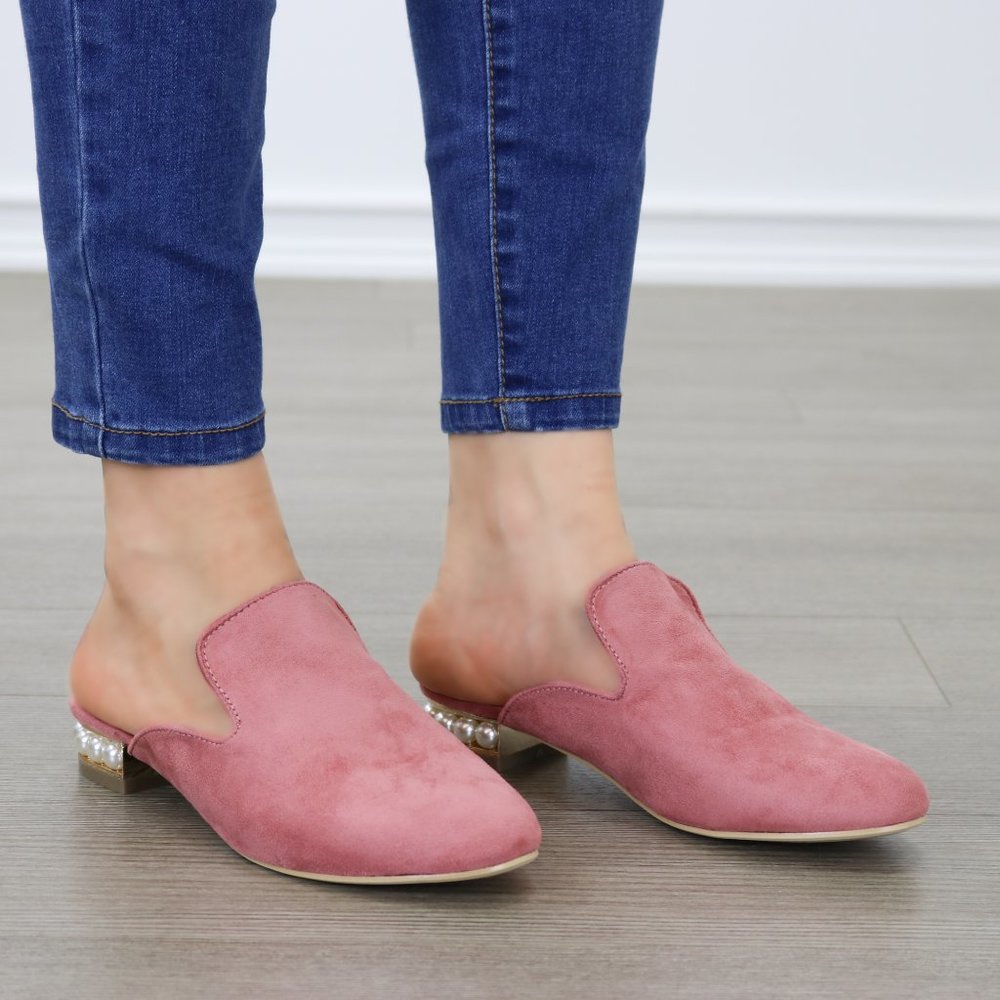 Suede Slip On Loafer Mule Pearl Accents on Heel - Picture 4 of 9